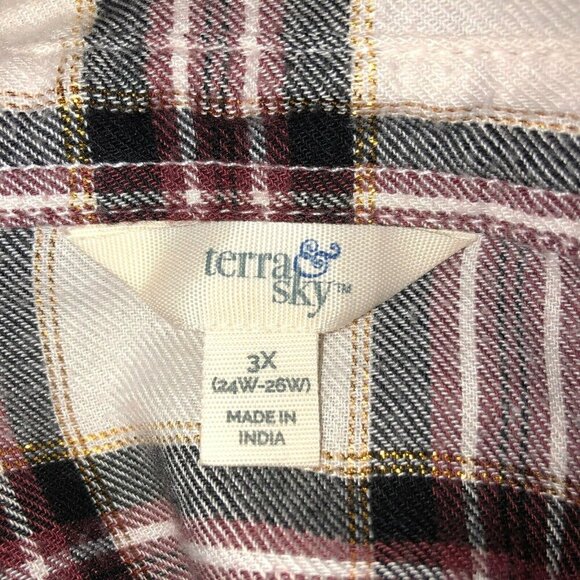Terra & Sky Womens Plus Size 3X White Burgundy Plaid Long Sleeve Button Up Shirt - Picture 9 of 11